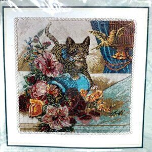 Needlepoint Kit Cat with Flowers and Bird It's Polite to Point Smithsonian